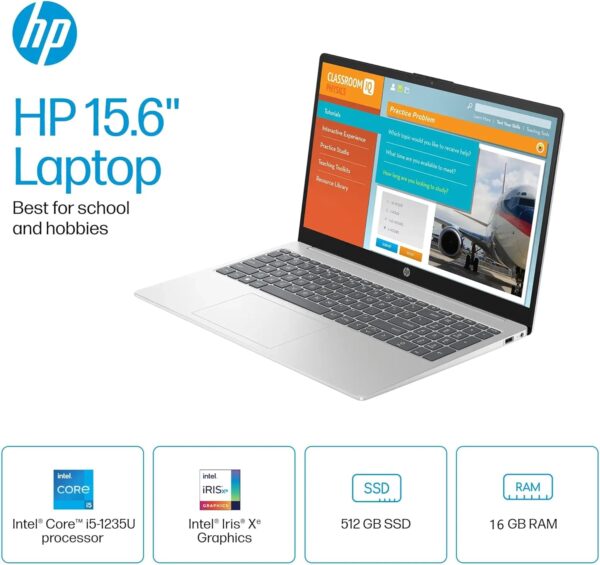 HP 15.6" HD Touch-Screen Laptop, Intel i5-1235U, 10 Cores, 16GB Memory, 512 PCIe GB SSD, Windows 11 Home in S Mode, Bluetooth, Wi-Fi, Natural Silver.