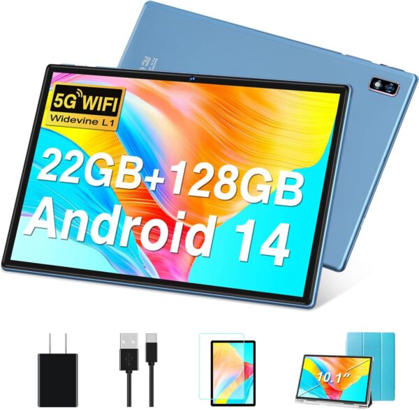 DEERTiME Tablet Android 14 Tablets 10.1 inch with 22GB RAM 128GB ROM, Octa-Core Processor 8000mAh TF 1TB, G+G HD IPS Display Tableta, Dual Camera, Widevine