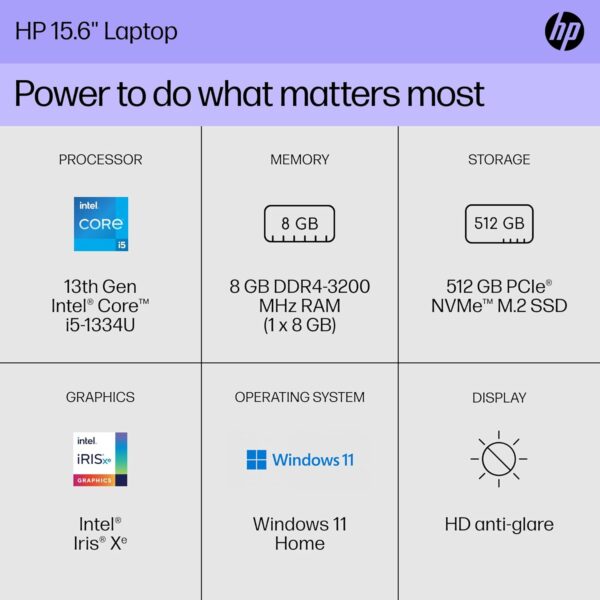 HP 15 inch Laptop, HD Display, 13th Generation Intel Core i5-1334U, 8 GB RAM, 512 GB SSD, Intel Iris Xe Graphics, Windows 11 Home, 15-fd0012nr - Image 5